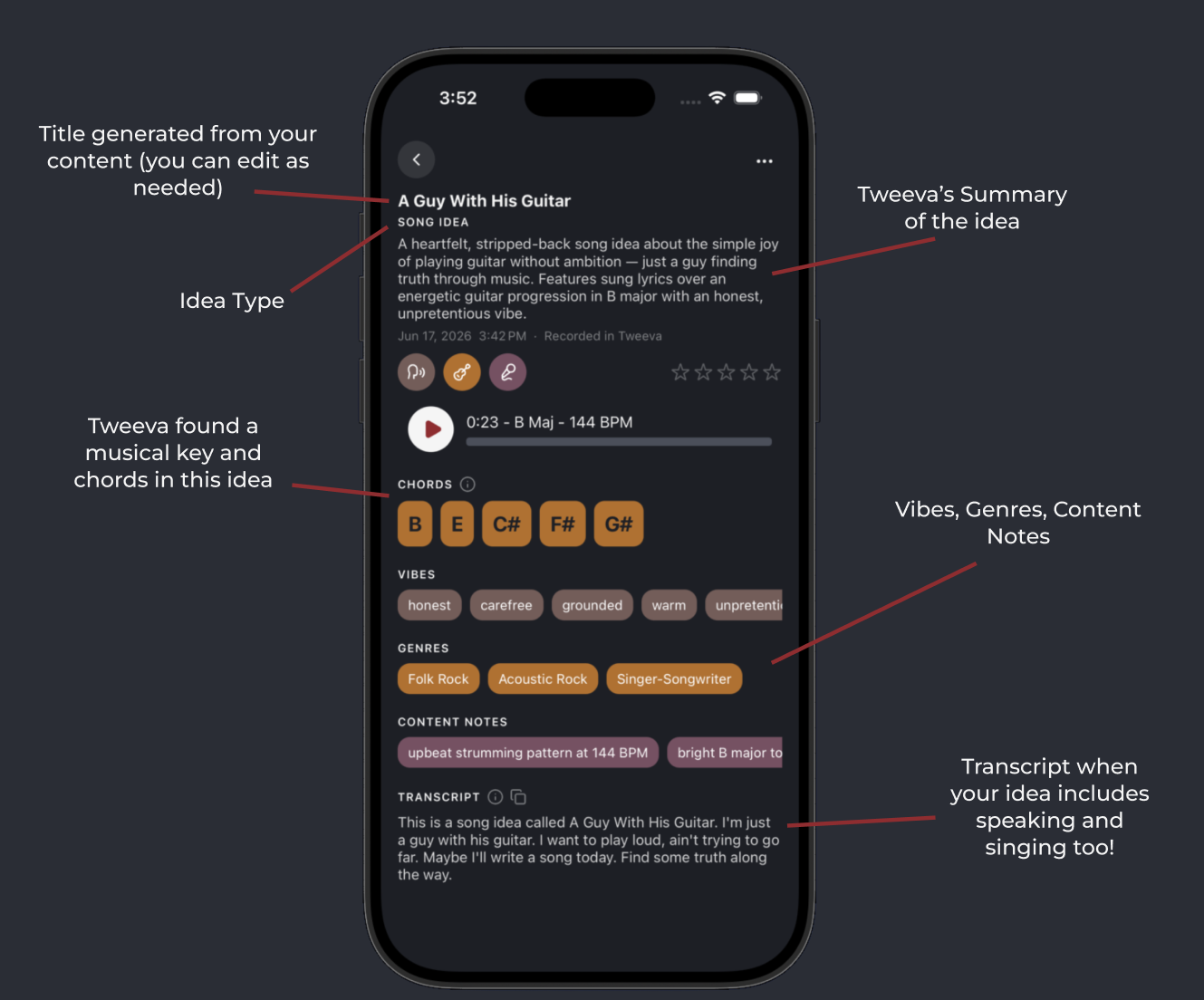 Tweeva app showing a song idea with AI-generated title, summary, chords, vibes, and genre